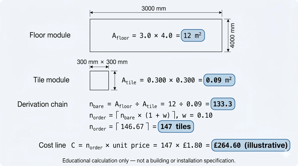 Diagram deriving a bathroom tile order: a 3.0 by 4.0 metre floor of 12 square metres divided by a 0.300 by 0.300 metre tile of 0.09 square metres gives 133.3 bare tiles, uplifted by 10% wastage and rounded up to 147 tiles, with an illustrative cost of 147 times £1.80 equals £264.60.